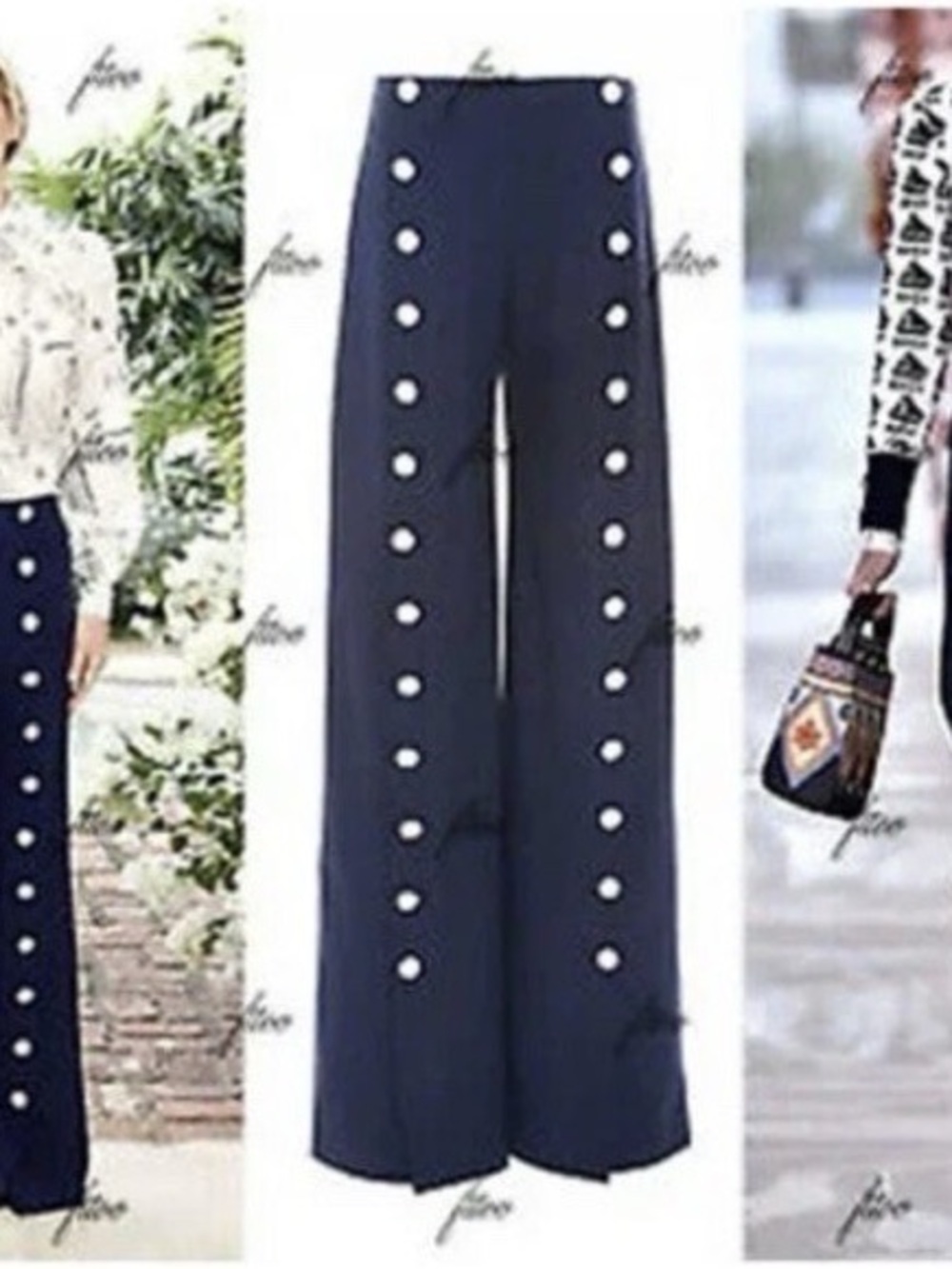 Tory Burch Navy Carrie Wide-Leg Sailor-Style Pants with White Buttons - Picture 2 of 6